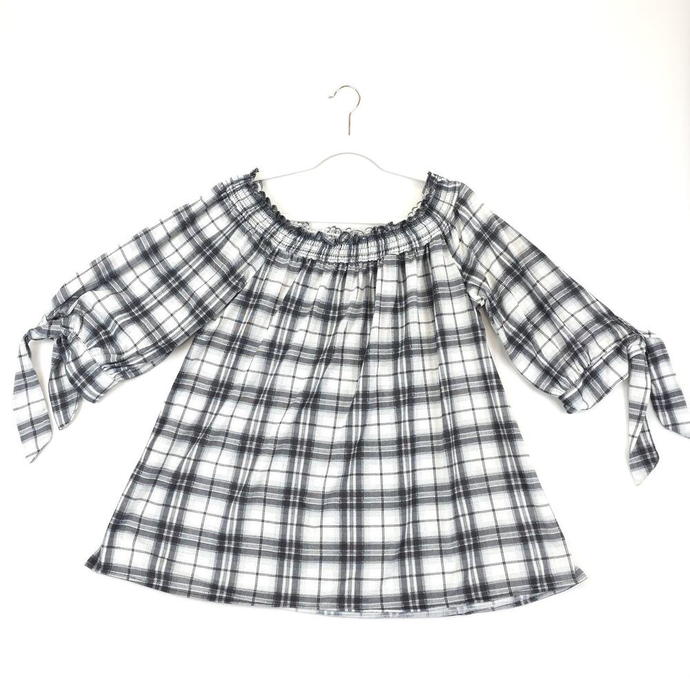 Always Indigo Blouse Womens 2XL Black White Plaid Off Shoulder 3/4 Sleeve Bow
